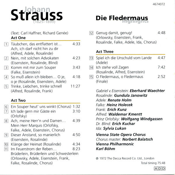 Gundula Janowitz, Renate Holm, Waldemar Kmentt, Erich Kunz, Eberhard Wächter, Wiener Staatsopernchor, Wiener Philharmoniker : Die Fledermaus - Highlights (CD, Comp)
