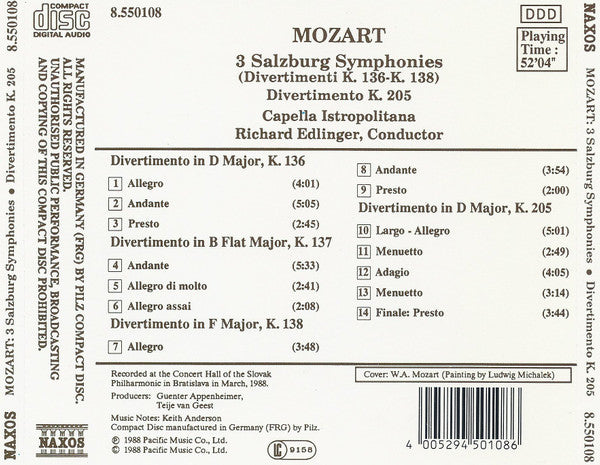 Wolfgang Amadeus Mozart, Capella Istropolitana, Richard Edlinger : Salzburg Symphonies / Divertimento K. 205 (CD)