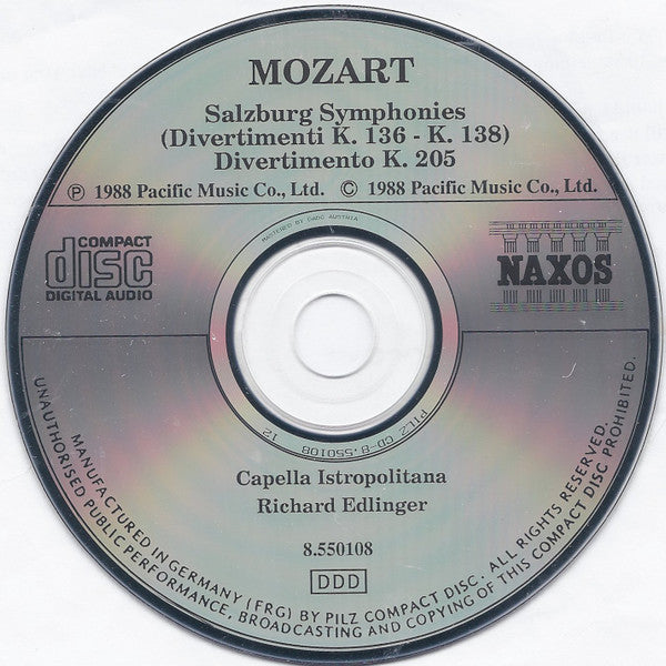 Wolfgang Amadeus Mozart, Capella Istropolitana, Richard Edlinger : Salzburg Symphonies / Divertimento K. 205 (CD)