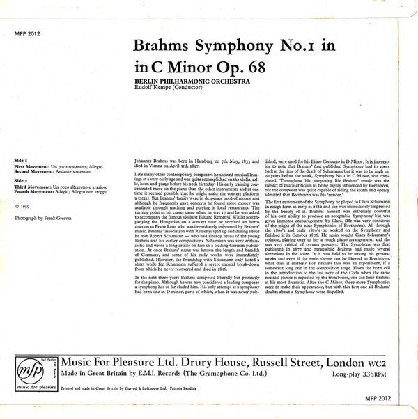 Brahms*, Berlin Philharmonic Orchestra*, Rudolf Kempe : Symphony No. 1 In C Minor (LP, Mono, RE)