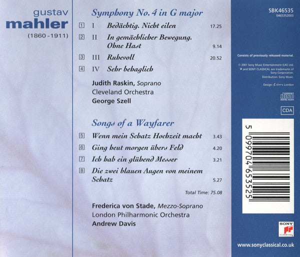 Gustav Mahler - Judith Raskin, Frederica von Stade, The Cleveland Orchestra, George Szell, London Philharmonic Orchestra, Andrew Davis : Symphony No. 4 / Lieder Eines Fahrenden Gesellen (CD, Comp, RE, RM)