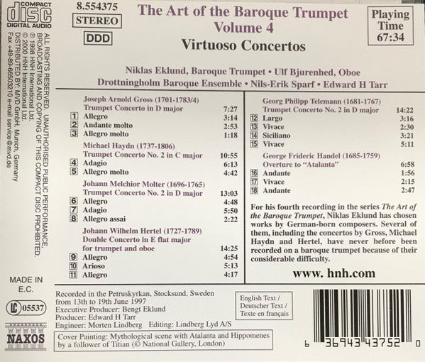Handel* • Michael Haydn • Telemann* - Niklas Eklund • Drottningholms Barockensemble • Nils-Erik Sparf • Edward H Tarr* : The Art Of The Baroque Trumpet, Vol. 4 (CD, Album)