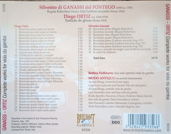 Ganassi*, Ortiz* - Bettina Hoffmann, Modo Antiquo : Complete Works For Viola Da Gamba (CD, Album, RE)