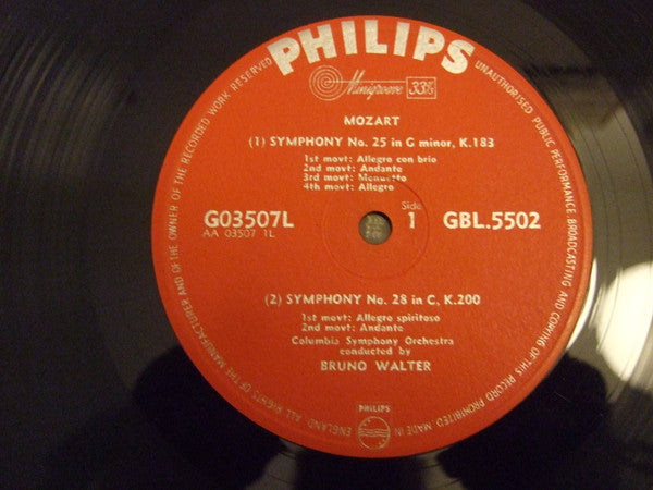 Wolfgang Amadeus Mozart - Columbia Symphony Orchestra Conducted By Bruno Walter : Symphony No. 25 In G Minor, K.183 / Symphony No.28 In C, K.200 / Symphony No. 29 In A, K.201 (LP, Comp, Mono, Lab)