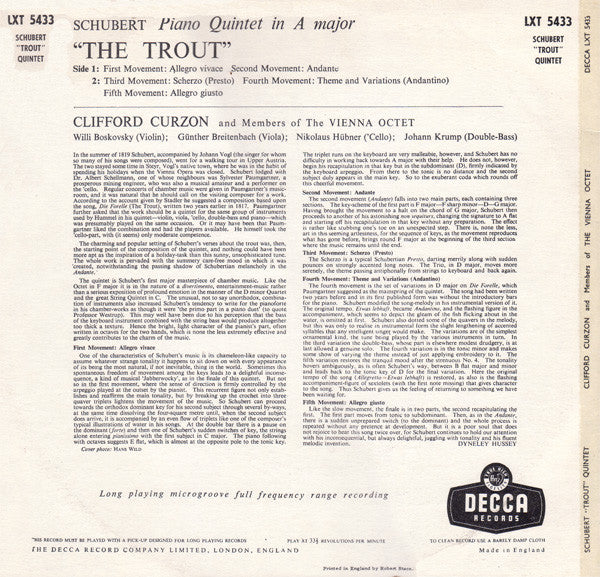 Schubert* - Curzon* With Members Of The Vienna Octet* : The "Trout" Quintet (LP, Mono, RP)
