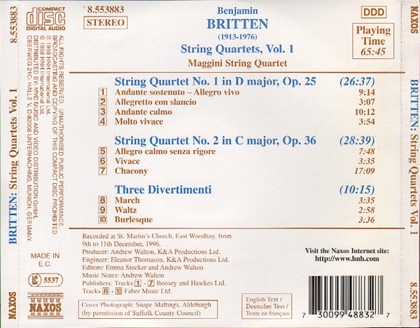 Britten* - Maggini String Quartet* : String Quartets Vol. 1 (CD, Album)