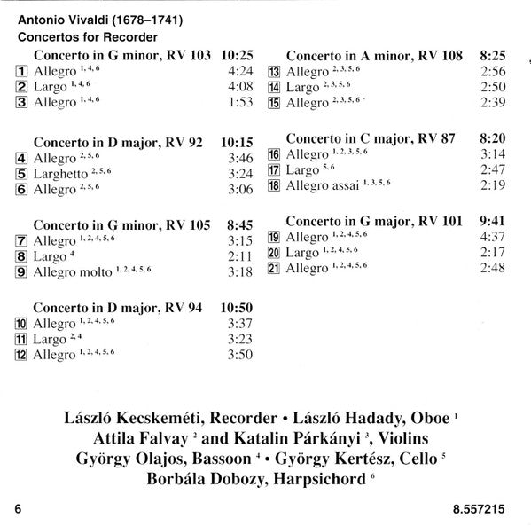Vivaldi*, László Kecskeméti*, Chamber Ensemble (4) : Recorder Concertos (CD, Album)
