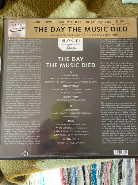 The Big Bopper* / Buddy Holly And The Crickets (2) / Ritchie Valens / Dion And The Belmonts* : The Day The Music Died (LP, Comp, Ltd, Num, Col)
