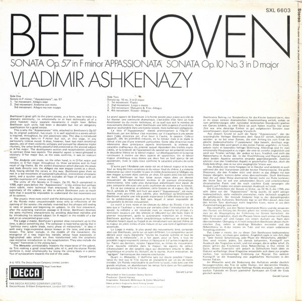 Beethoven* - Vladimir Ashkenazy : Sonata Op.57 In F Minor "Appassionata" / Sonata Op.10 No.3 In D Major (LP, Album)
