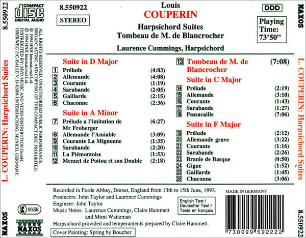 Louis Couperin - Laurence Cummings : Harpsichord Suites D Major • A Minor • C Major • F Major / Tombeau De M. De Blancrocher (CD)