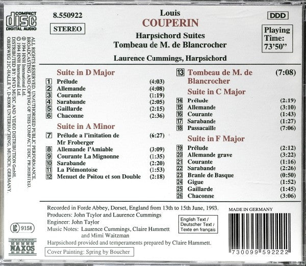 Louis Couperin - Laurence Cummings : Harpsichord Suites D Major • A Minor • C Major • F Major / Tombeau De M. De Blancrocher (CD)