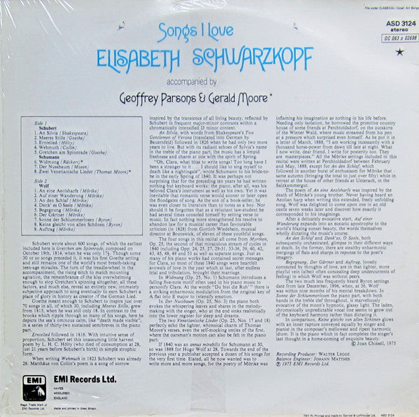Elisabeth Schwarzkopf Accompanied By Geoffrey Parsons (2) &amp; Gerald Moore - Schubert*, Schumann*, Wolf* : Songs I Love (LP)