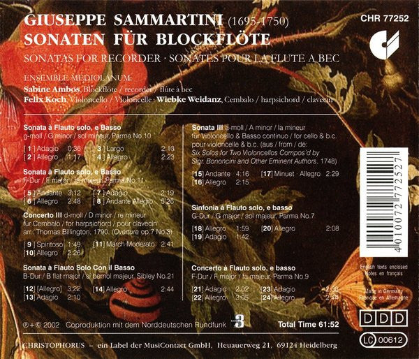 Sammartini*, Ensemble Mediolanum : Sonaten Für Blockflöte · Sonatas For Recorder · Sonates Pour La Flûte À Bec  (CD, Album)