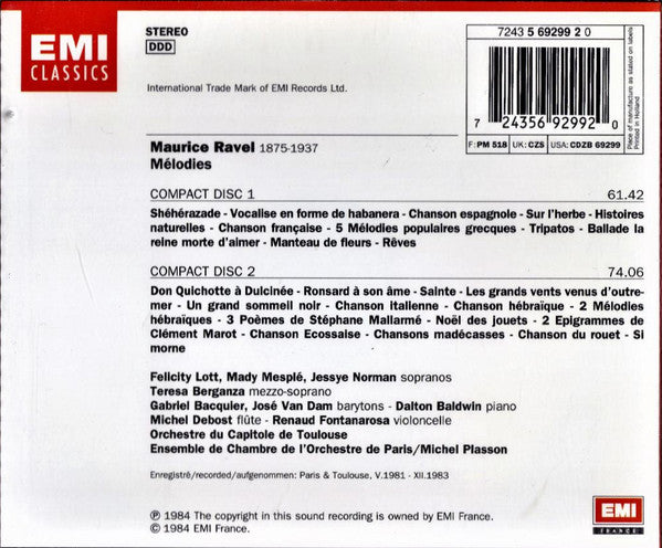 Ravel* - Berganza*, Lott*, Mesplé*, Norman*, Bacquier*, Van Dam*, Baldwin*, Plasson* : Mélodies (2xCD, Album)