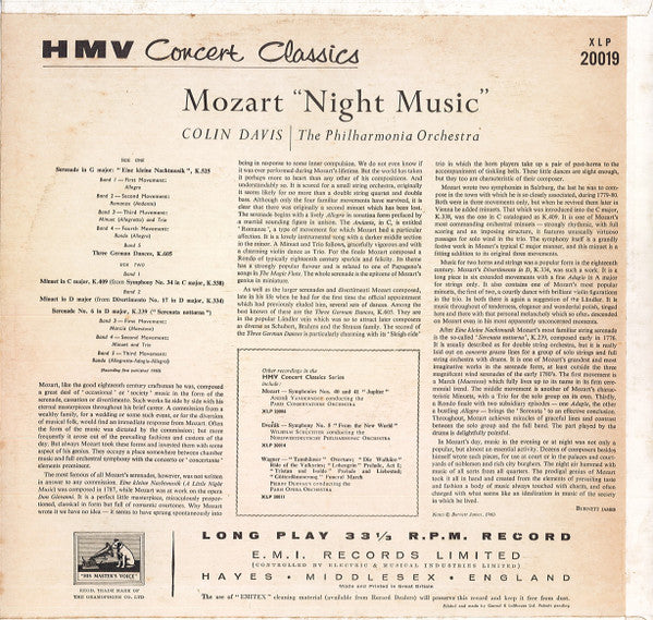 Mozart* - Philharmonia Orchestra, Colin Davis* : Night Music (LP, Mono)