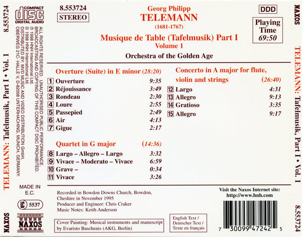 Telemann* - Orchestra Of The Golden Age : Musique De Table (Tafelmusik) Part I • Volume 1 (CD, Album)