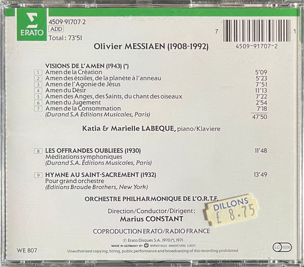 Messiaen* - Katia Et Marielle Labèque, Orchestre Philharmonique De L'O.R.T.F.*, Marius Constant : Visions De L'Amen / Les Offrandes Oubliées / Hymne Au Saint-Sacrement (CD, Album, Comp, RM)