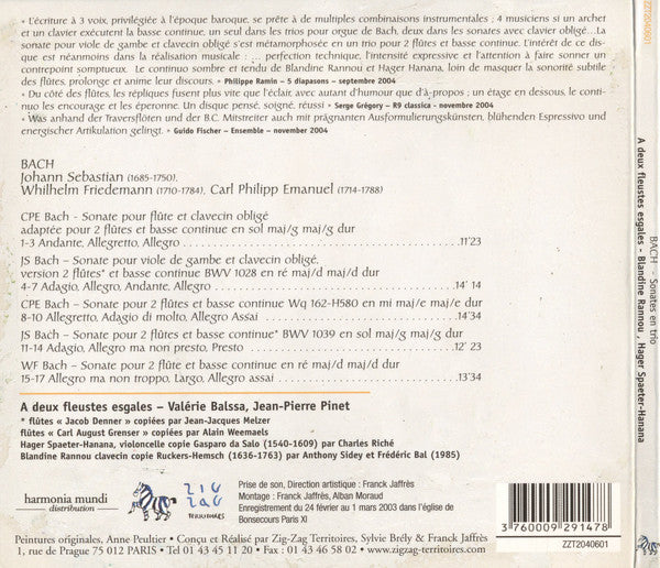 Bach* - A Deux Fleustes Esgales, V. Balssa*, JP. Pinet*, B. Rannou*, H. Hanana* : Sonates En Trio (CD, Album, RE)