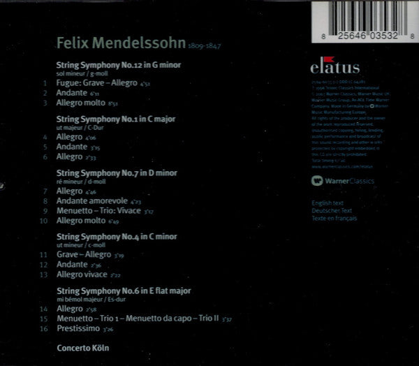 Mendelssohn*, Concerto Köln : String Symphonies Nos. 1, 4, 6, 7 &amp; 12 (CD, Album, RE)