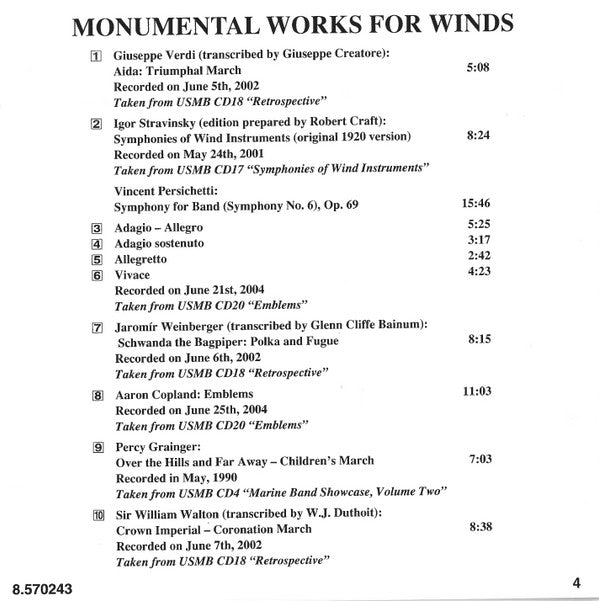 'The President's Own' United States Marine Band* : Monumental Works For Winds (CD, Album, Comp)