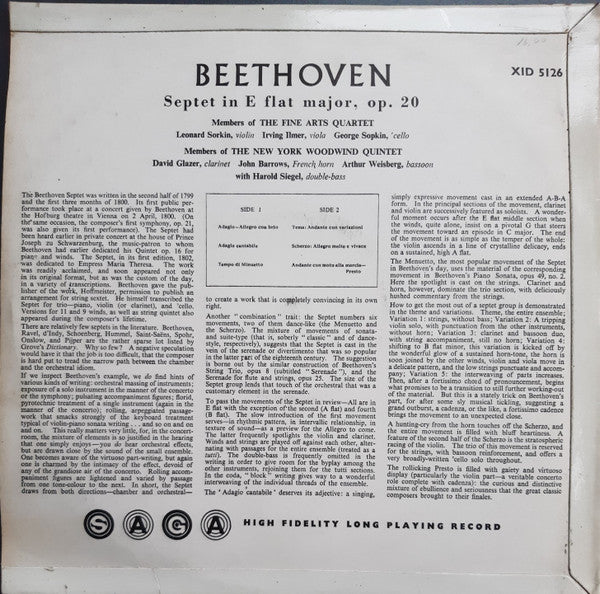 Beethoven* - Fine Arts Quartet*, New York Woodwind Quintet, Harold Siegel : Septet in E Flat Major, Op. 20 (LP, Album, Mono, Gre)
