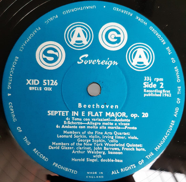 Beethoven* - Fine Arts Quartet*, New York Woodwind Quintet, Harold Siegel : Septet in E Flat Major, Op. 20 (LP, Album, Mono, Gre)