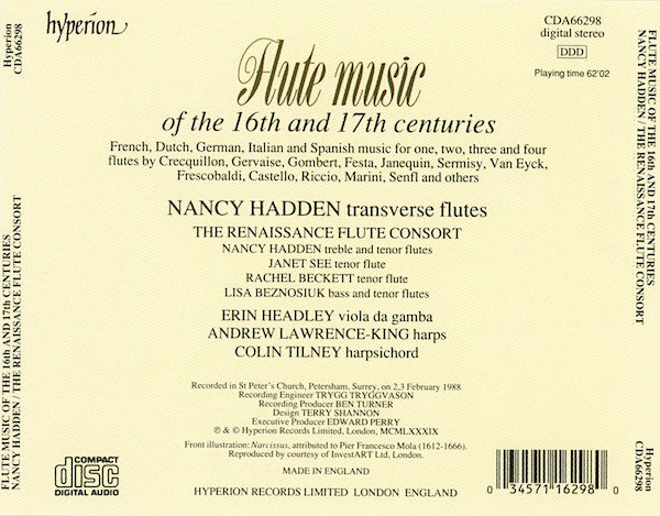 Nancy Hadden - Rachel Beckett, Lisa Besnosiuk*, Janet See, Colin Tilney, Andrew Lawrence-King, Erin Headley : Flute Music Of The 16th And 17th Centuries (CD)