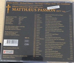 Johann Sebastian Bach, Emma Kirkby, Michael Chance, The King's College Choir Of Cambridge, Roy Goodman : Matthæus Passion BWV 244 (CD, Comp)