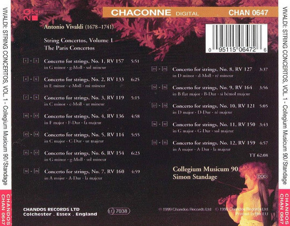 Vivaldi*, Collegium Musicum 90, Simon Standage : String Concertos, Volume 1 - The Paris Concertos (CD)