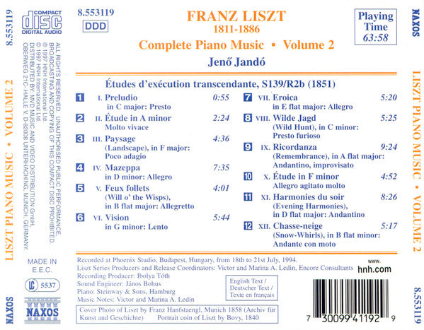 Franz Liszt - Jenő Jandó* : Complete Piano Music • Volume 2 - Etudes D'Exécution Transcendante (Transcendental Studies) 1851 Version (CD, Album)