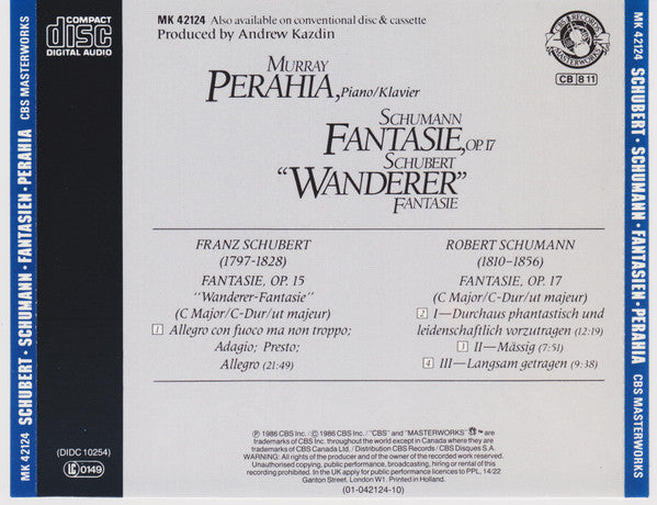Murray Perahia, Schumann* / Schubert* : Fantasie, Op.17 / "Wanderer" Fantasie (CD, RP)