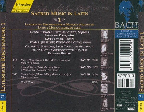 Johann Sebastian Bach, Gächinger Kantorei Stuttgart, Bachcollegium Stuttgart, Liszt Ferenc Chamber Orchestra, Helmuth Rilling : Sacred Music In Latin - 1: Missa BWV 233; Kyrie Eleison BWV 233A; Missa BWV 234 (CD, Album)