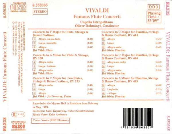 Vivaldi*, Jirí Válek* • Jirí Novotny* • Jirí Stivín*, Capella Istropolitana, Oliver Dohnányi* : Famous Flute Concerti (CD, Album)