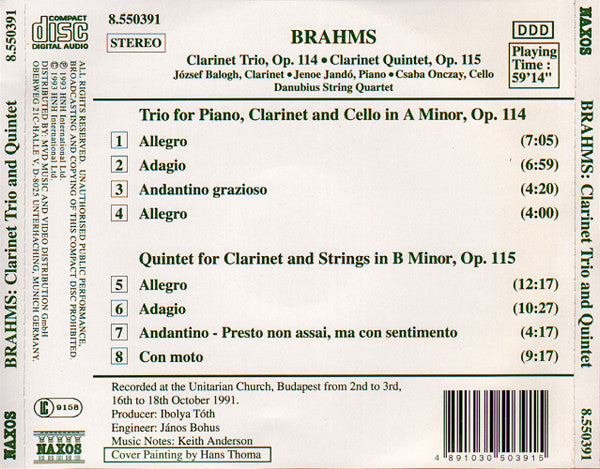 Brahms* - József Balogh (2), Jenoe Jandó*, Csaba Onczay, Danubius String Quartet : Clarinet Trio, Op. 114 / Clarinet Quintet, Op. 115 (CD, Album)