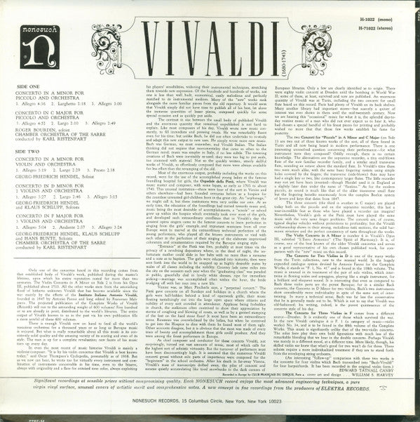 Antonio Vivaldi - Kammerorchester Des Saarländischen Rundfunks, Saarbrücken, Karl Ristenpart : Concertos For Violins, Concertos For Piccolo (LP, Album)