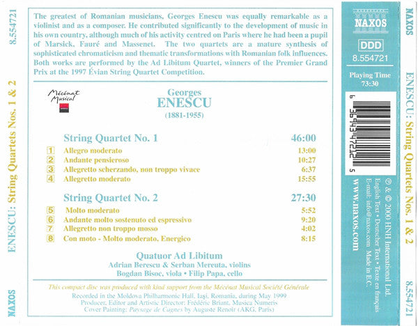 Enescu*, Quatuor Ad Libitum : String Quartets Nos. 1 &amp; 2 (CD, Album)