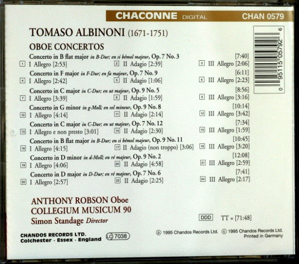 Albinoni*, Simon Standage, Collegium Musicum 90, Anthony Robson : Complete Oboe Concertos (CD, Album)