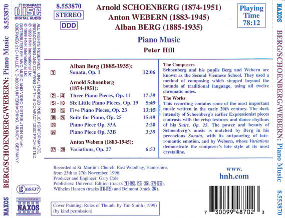Schoenberg*, Webern*, Berg*, Peter Hill (2) : Piano Music (CD, Album)