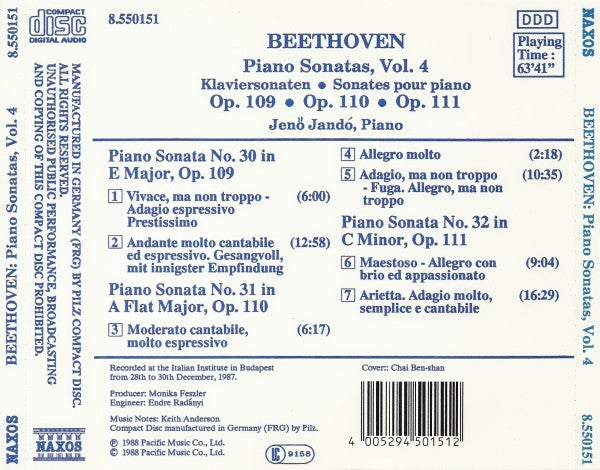 Ludwig van Beethoven, Jenö Jandó : Piano Sonatas, Vol. 4 (CD, Album)