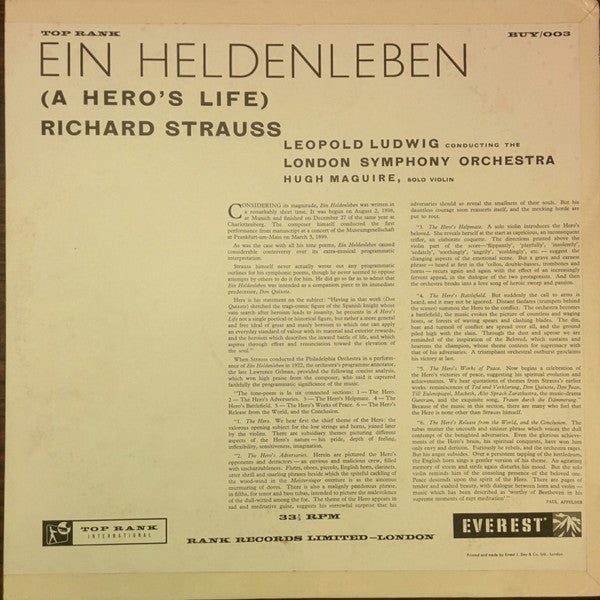 Richard Strauss, Leopold Ludwig, The London Symphony Orchestra : Ein Heldenleben Op. 40 (A Hero's Life) (LP)