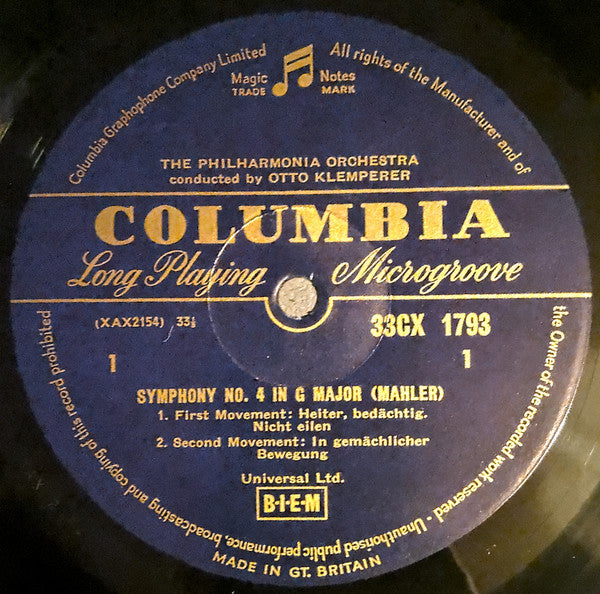 Mahler*, Otto Klemperer, Philharmonia Orchestra, Elisabeth Schwarzkopf : Symphony No. 4 (LP, Album, Mono)