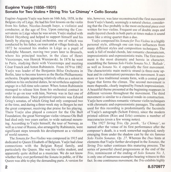 Eugène Ysaÿe - Henning Kraggerud, Bård Monsen, Lars Anders Tomter, Ole Eirik Ree : String Trio, "Le Chimay" / Sonata For 2 Violins / Cello Sonata (CD, Album)
